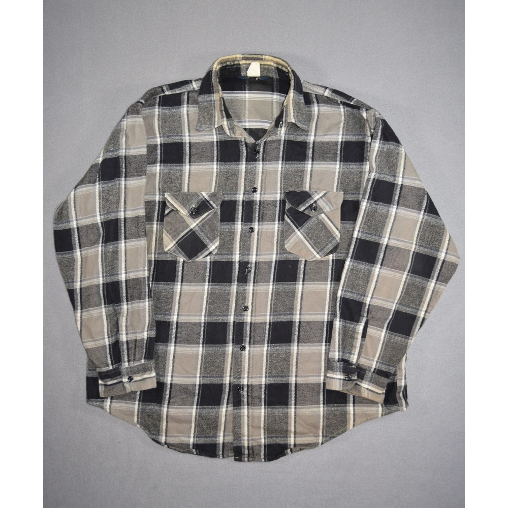 Vintage OshKosh Shirt Mens 2XL Grey Plaid Flannel Heavyweight Cotton Button Up